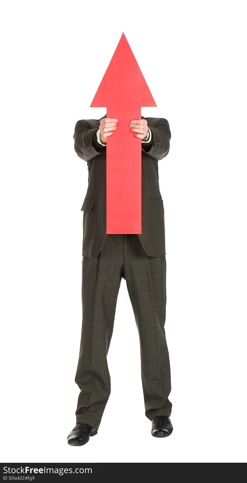 Businessman hiding behind red arrow over white background