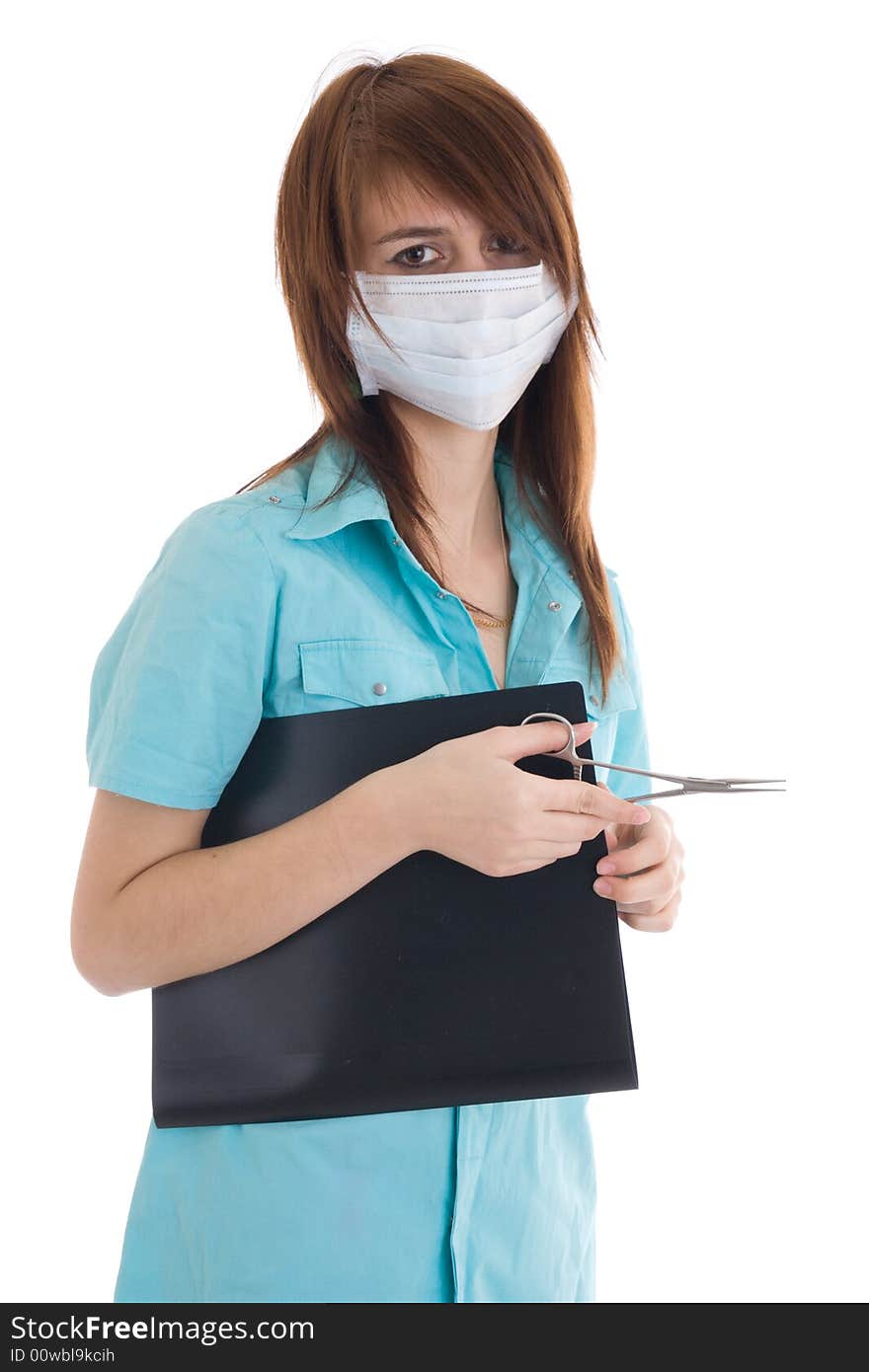 The young attractive nurse with a folder isolated on a white background