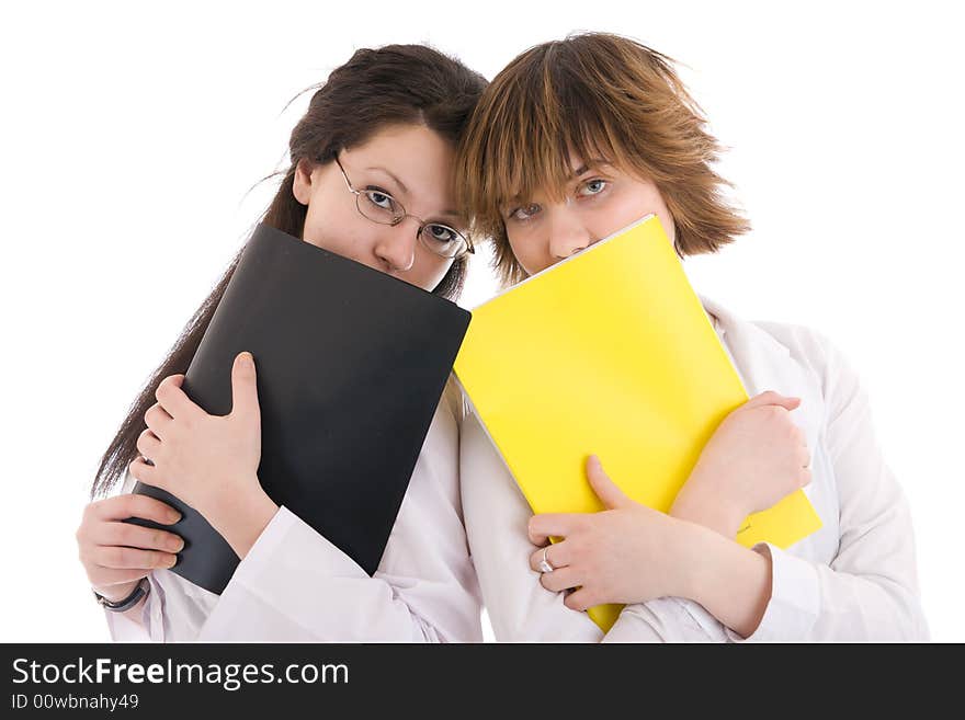 The Two Young Nurse With A Folder Isolated