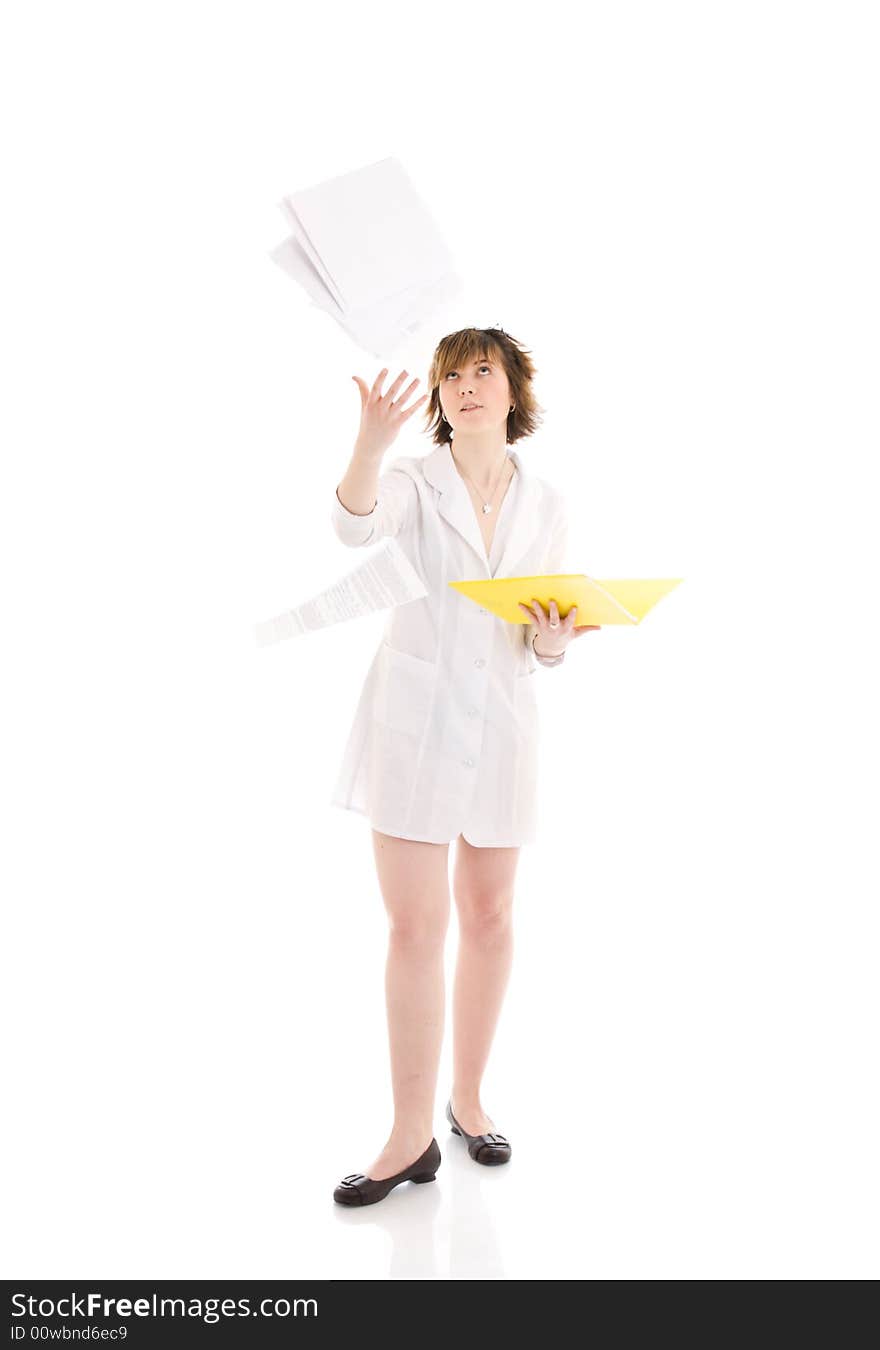 The young attractive nurse with a folder isolated on a white background