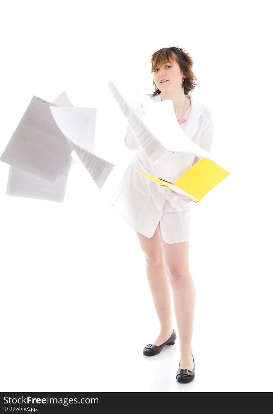 The young attractive nurse with a folder isolated on a white background