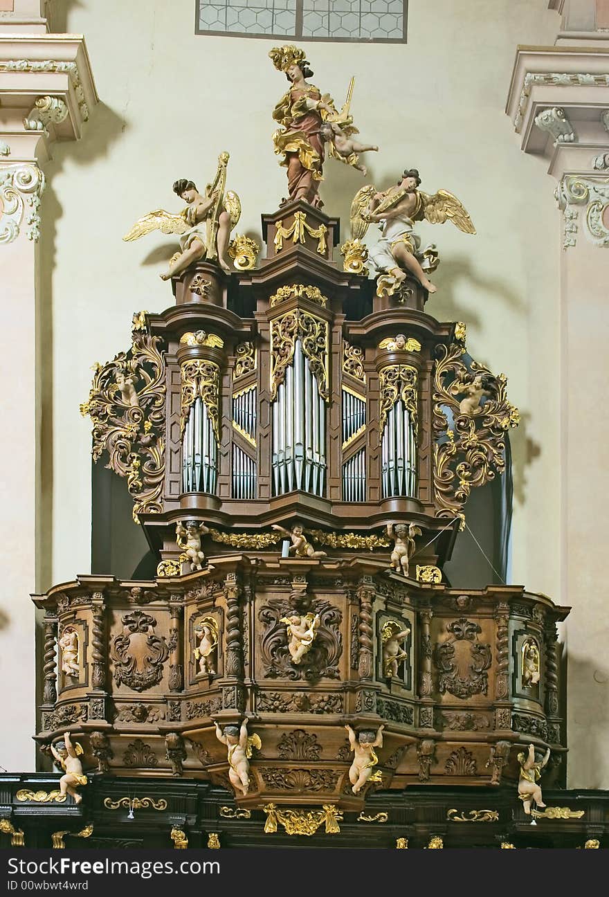 Little baroque organ at a church