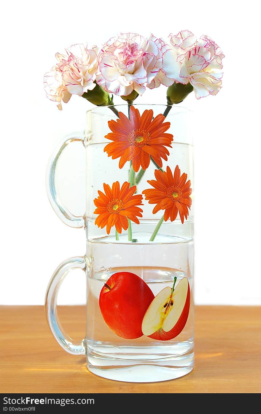 Two transparent cups of water on a table. Two transparent cups of water on a table