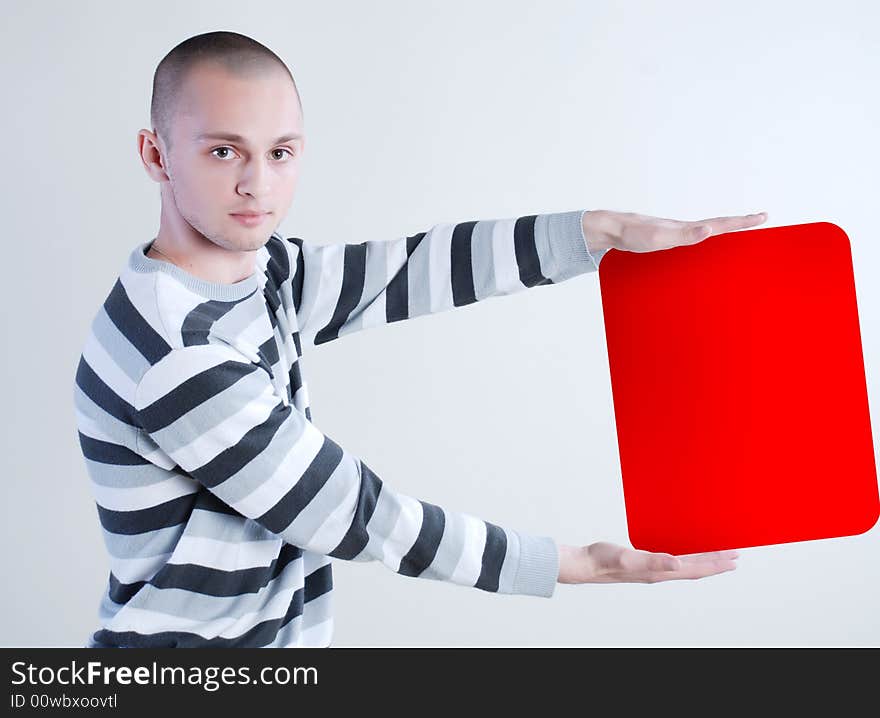 Man taking red square empty box at white background. Man taking red square empty box at white background