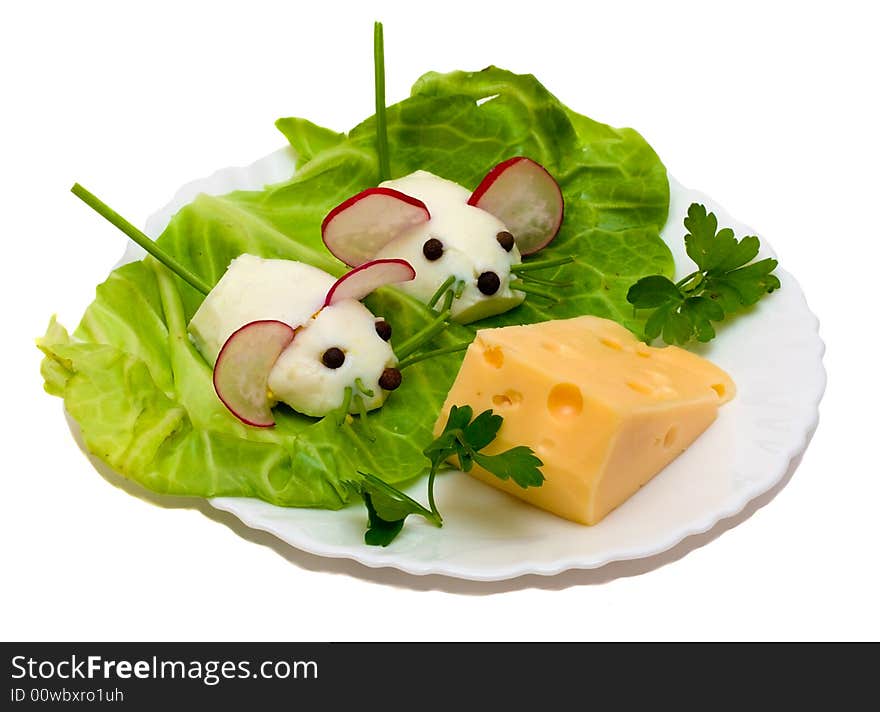 Salad - two mouse and cheese, chicken eggs make as mouse and cheese, isolated on white