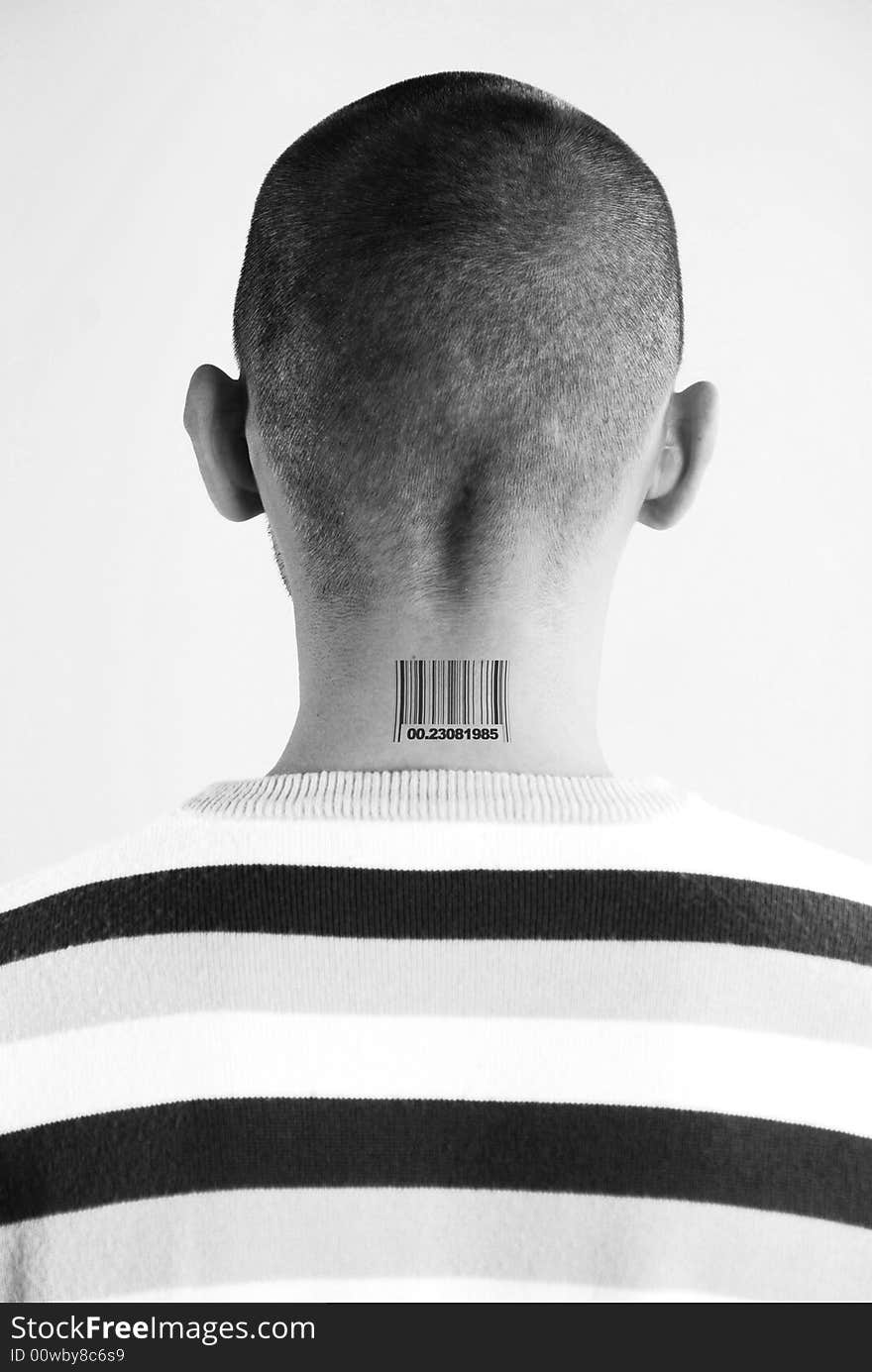 Neck of young man with code at white background. Neck of young man with code at white background