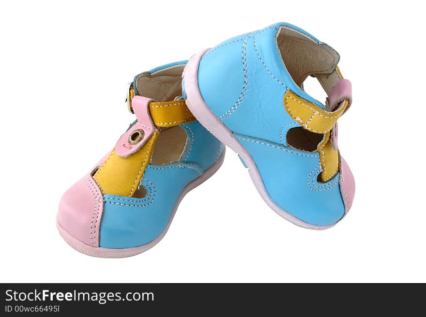 Baby's summer leather boots. Coloured in bright colours - pink, blue and yellow.