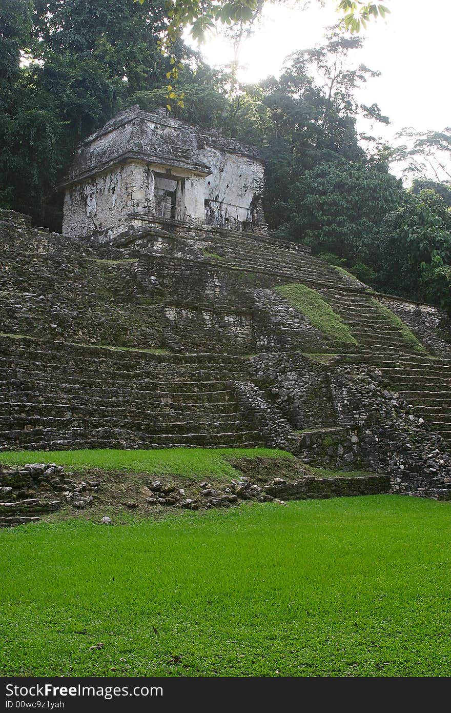 Antique ruins of mayan tomb over green grass