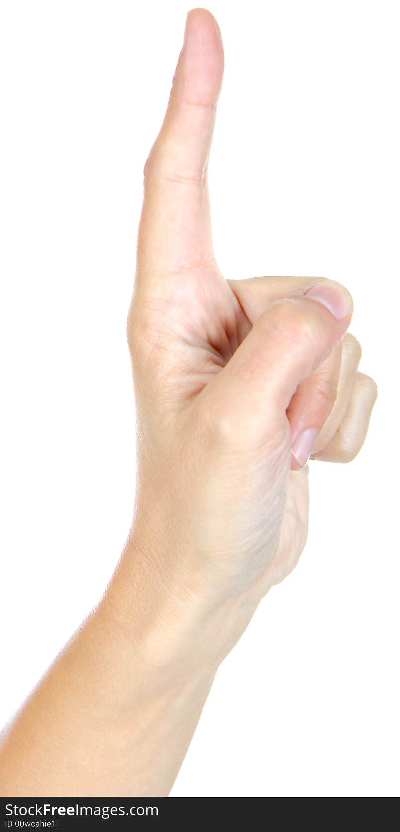 Woman is showing a sign with his hands on a white background