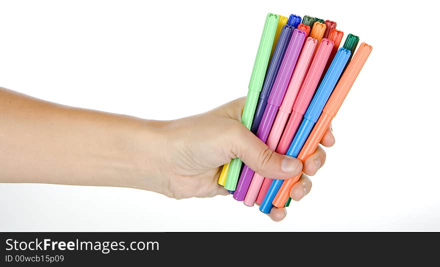 Woman hold on a plastic pancils in hand