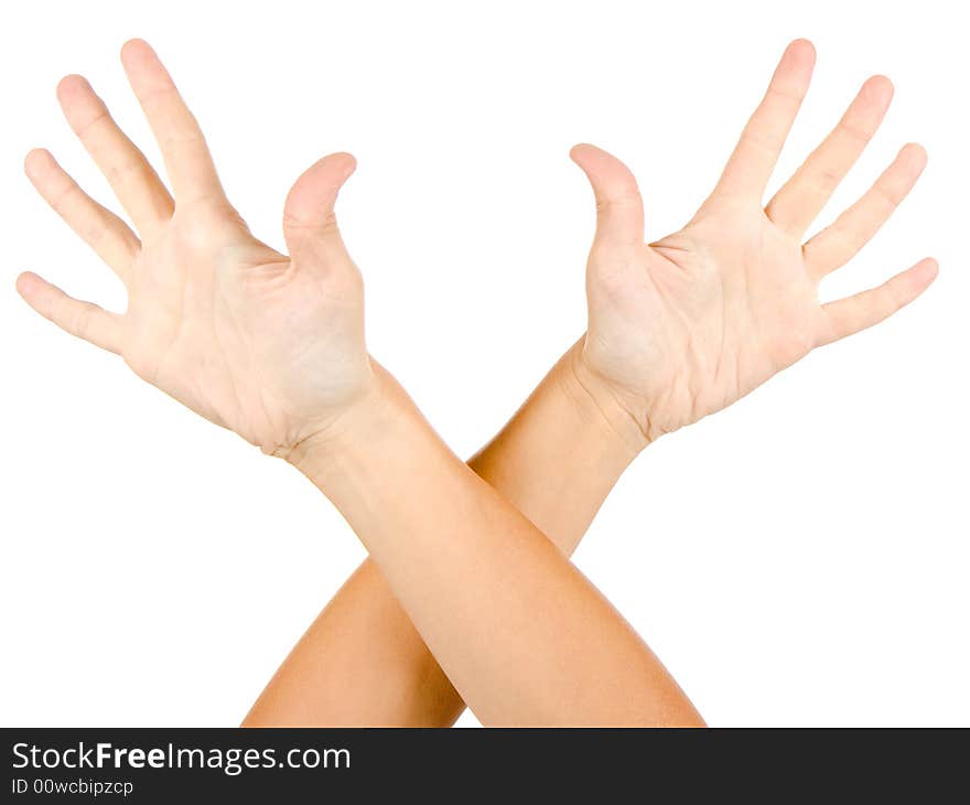 Woman is showing a sign with hands on a white background