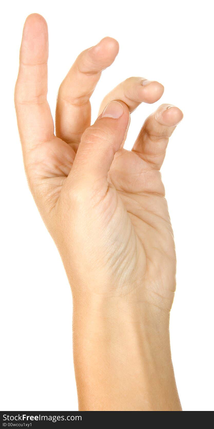 Woman is showing a sign with hands on a white background