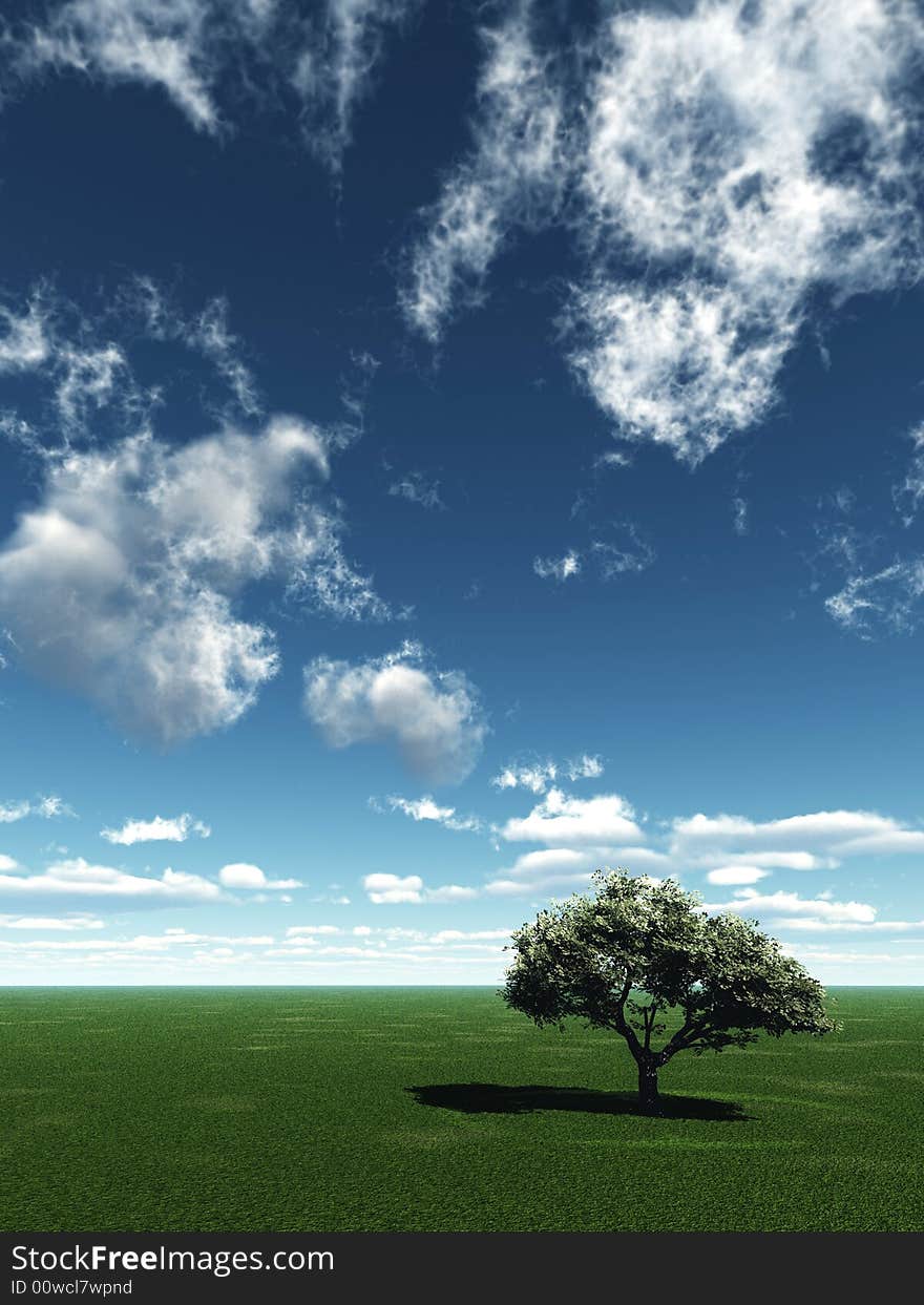 Alone tree and beautiful sky with clouds  - 3d landscape scene. Alone tree and beautiful sky with clouds  - 3d landscape scene.