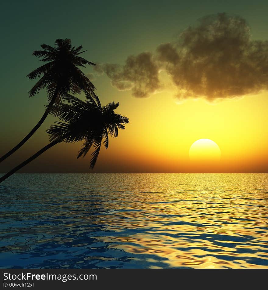 Sunset coconut palm trees on small island - 3d illustration.