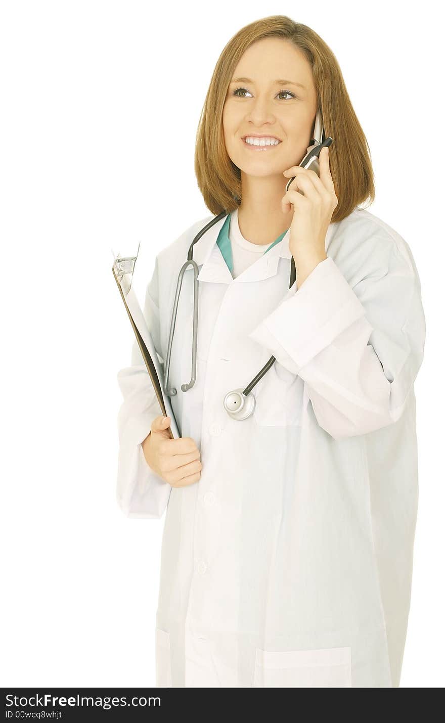 Woman doctor holding report on clip board and calling on the phone. isolated on white. Woman doctor holding report on clip board and calling on the phone. isolated on white