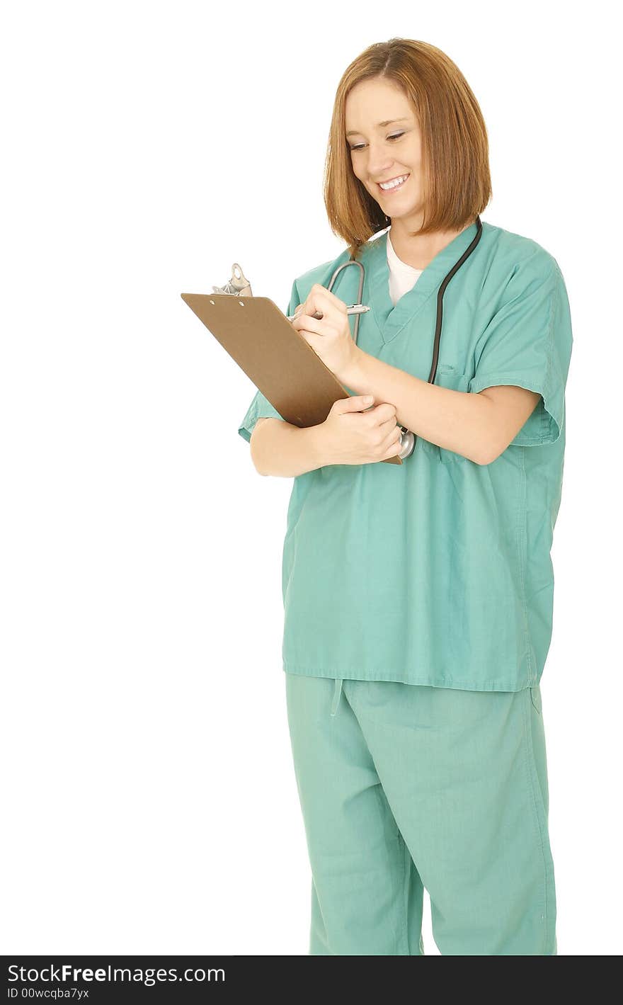 Isolated shot of caucasian nurse getting ready to write up report. Isolated shot of caucasian nurse getting ready to write up report