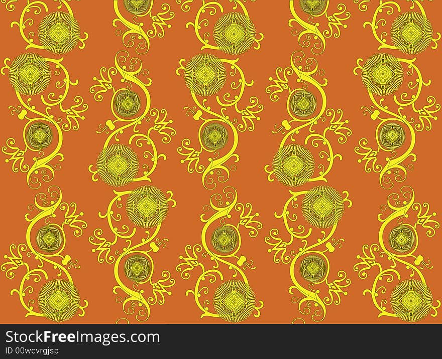 A seamless vector wallpaper with the floral ornament in golden and red tones. A seamless vector wallpaper with the floral ornament in golden and red tones