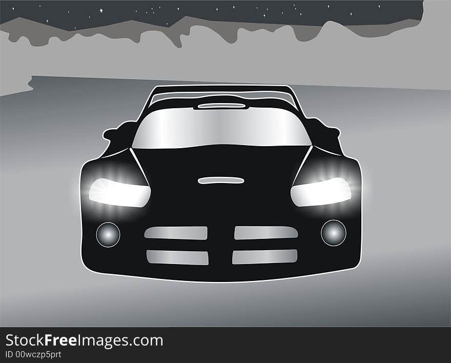 The  image of the sports car with burning headlights.