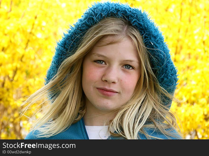 Beautiful teen girl with yellow flower background. Beautiful teen girl with yellow flower background