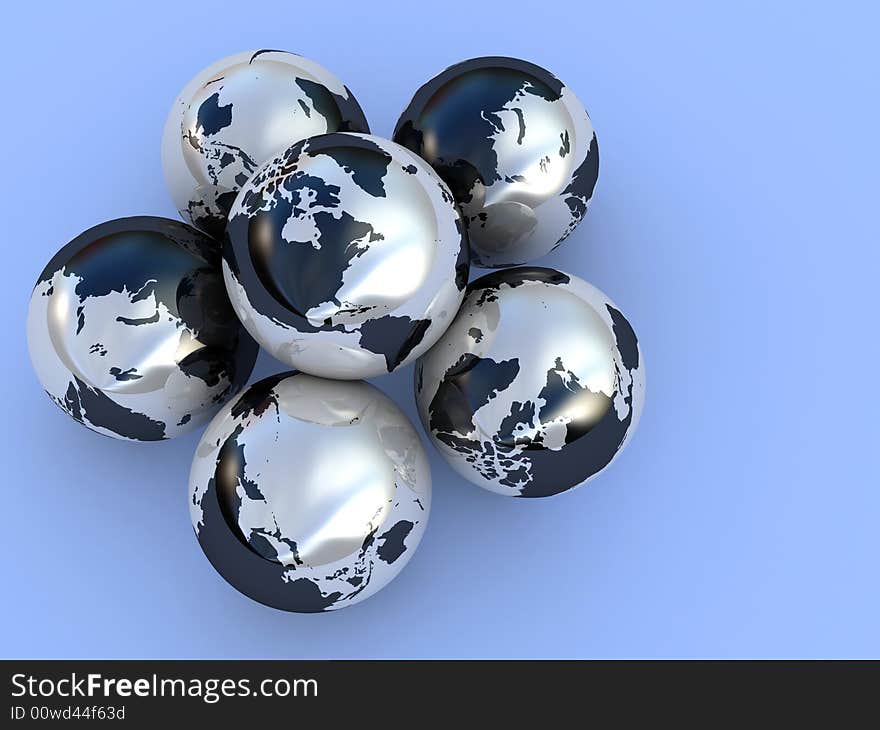 Six spheres as a globe on a blue background. Six spheres as a globe on a blue background