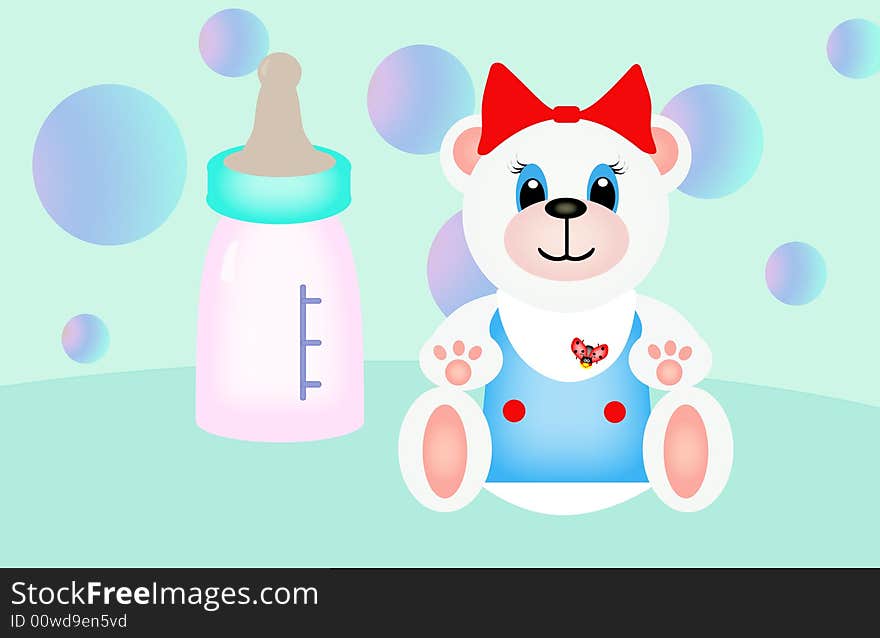 Polar teddy bear is near the baby bottle, on the background are soap-bubbles. Polar teddy bear is near the baby bottle, on the background are soap-bubbles