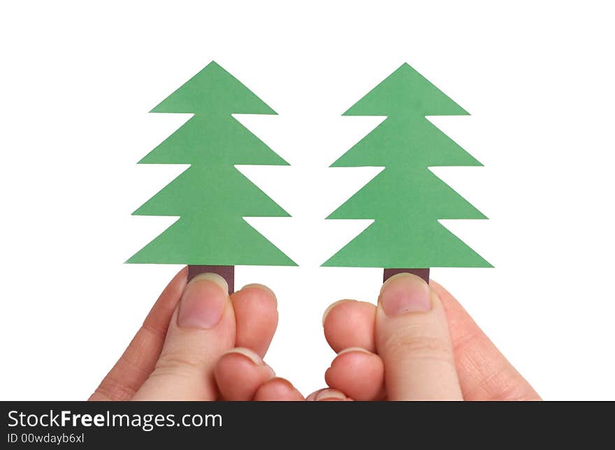 Two Christmas trees isolated over white