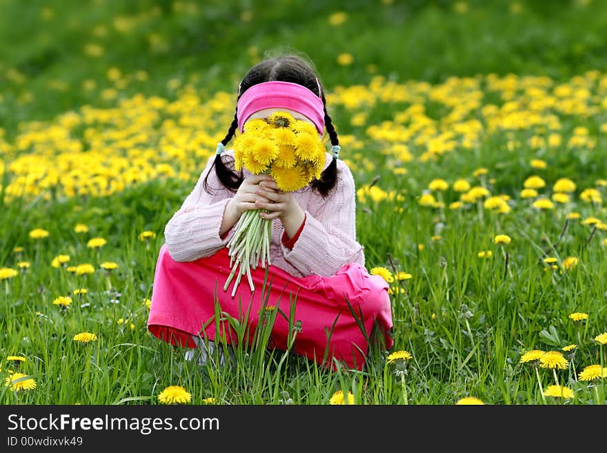 Little girl picking dandelions for mom, on Mother's day.