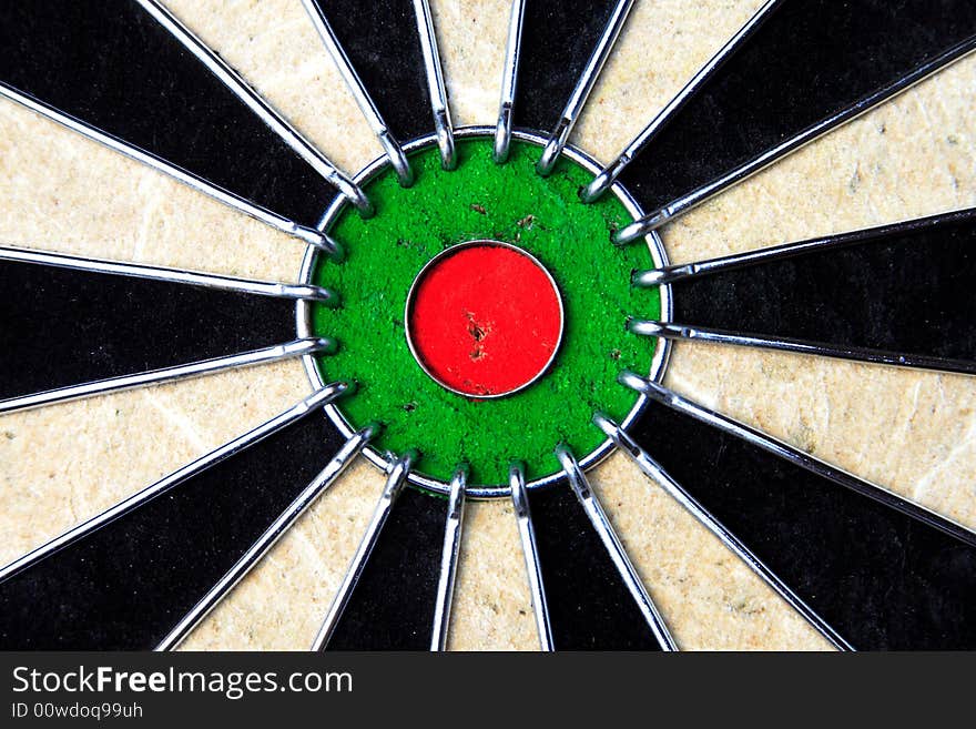 The bullseye of a dartboard.