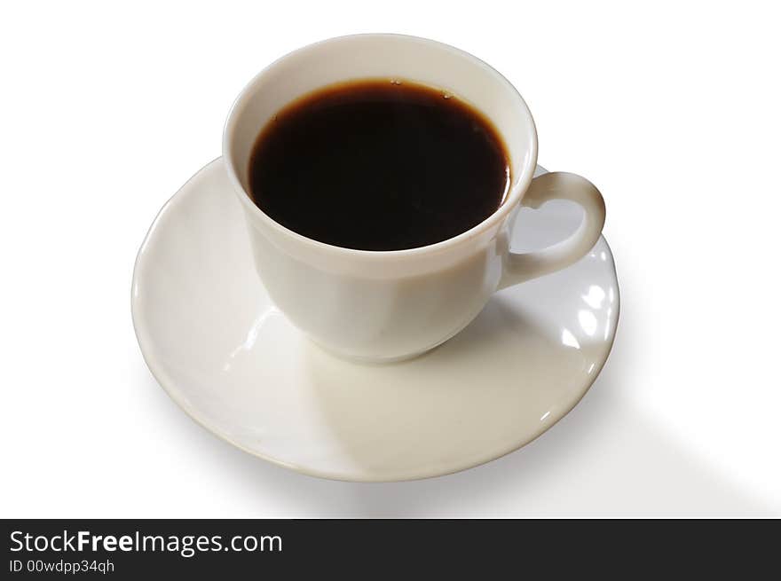 Coffee in a white cup on a saucer on a white background