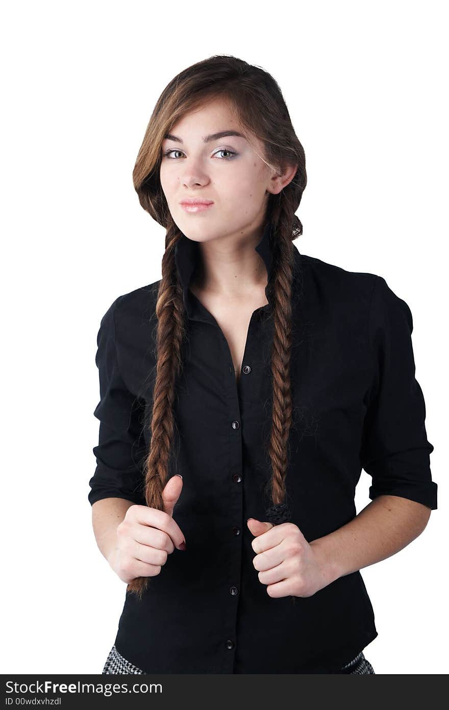 Girl at black chemise with plaits at hands. Girl at black chemise with plaits at hands