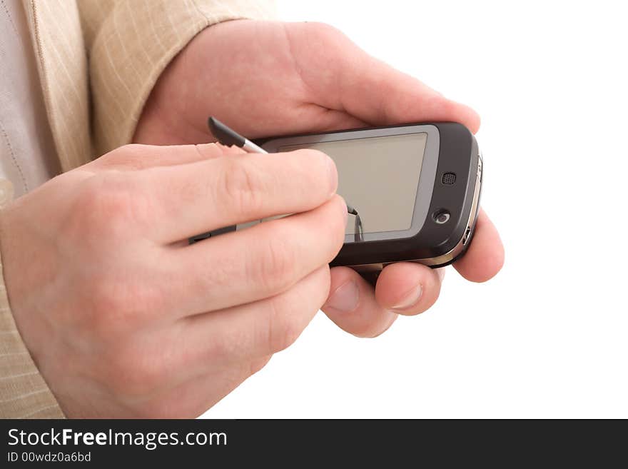 Male hands with digitized pen, touching the screen of a PDA isolated on white. Male hands with digitized pen, touching the screen of a PDA isolated on white