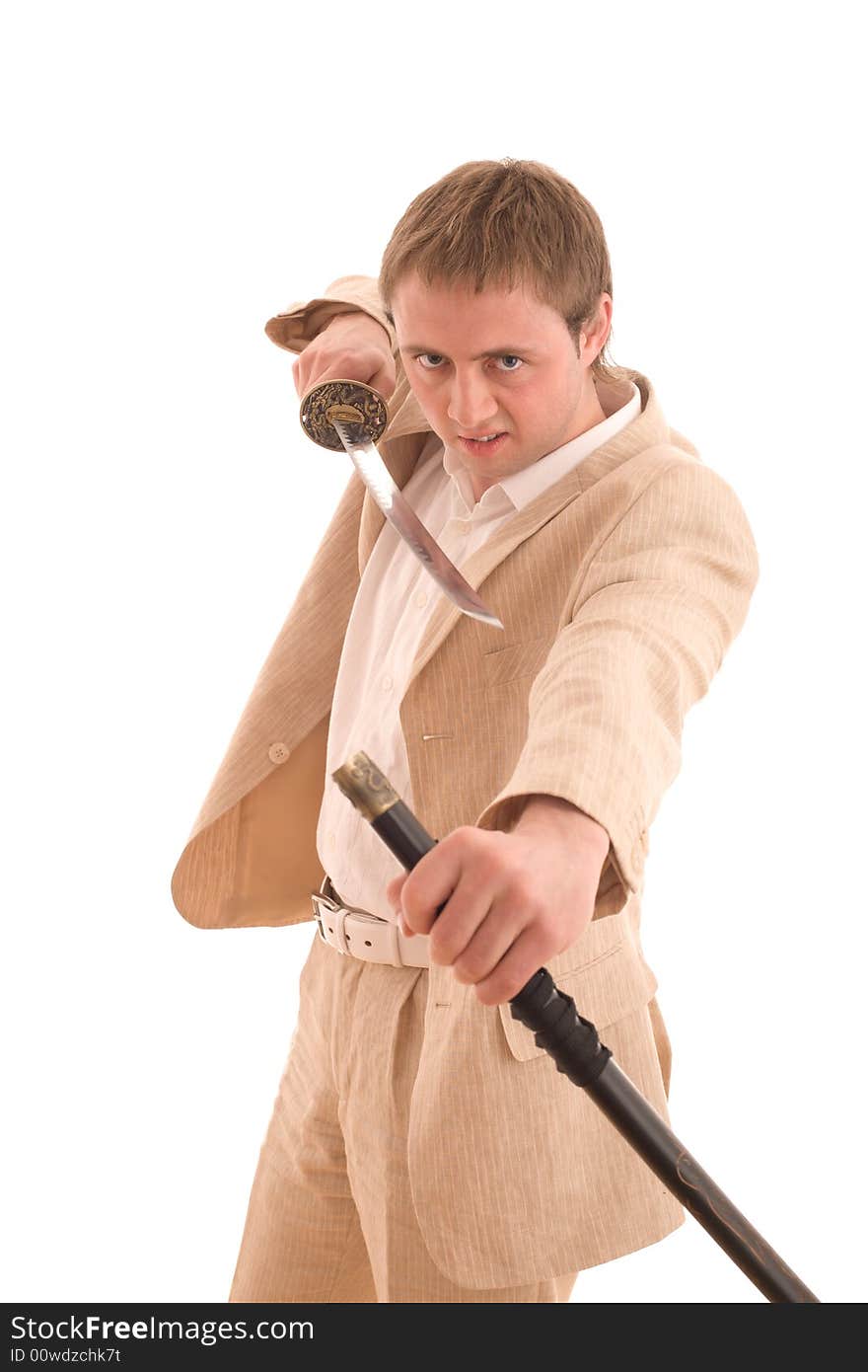 Businessman in suit ready to attack! He protect himself by samurai sword katana. Isolated on white. Businessman in suit ready to attack! He protect himself by samurai sword katana. Isolated on white.