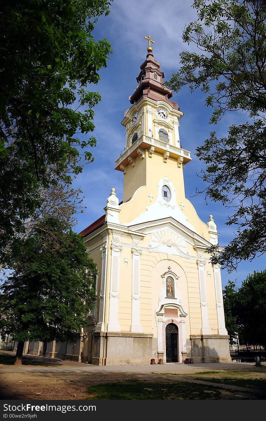 A view with an old catholic church in Serbia