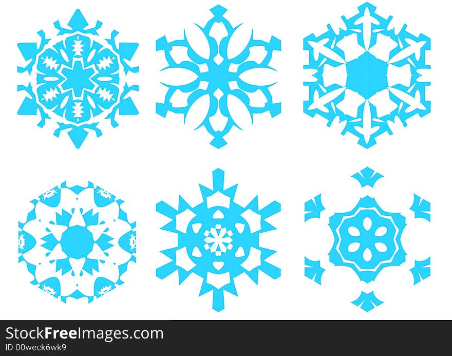 Six snowflake designs in blue color isolated on white. Six snowflake designs in blue color isolated on white