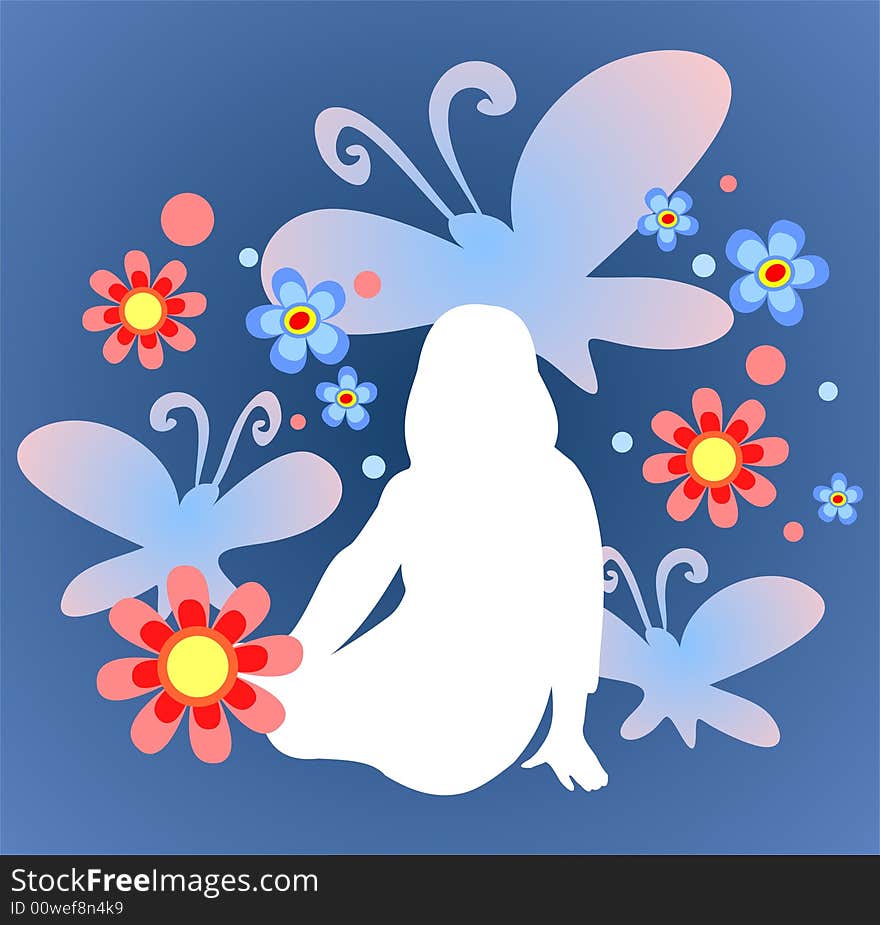 White silhouette of the sitting girl and butterflies on a blue background. White silhouette of the sitting girl and butterflies on a blue background.