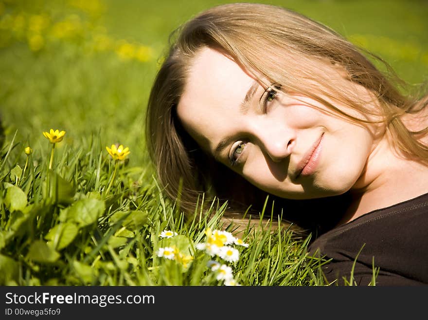 Woman Resting In Meadow. Spring.