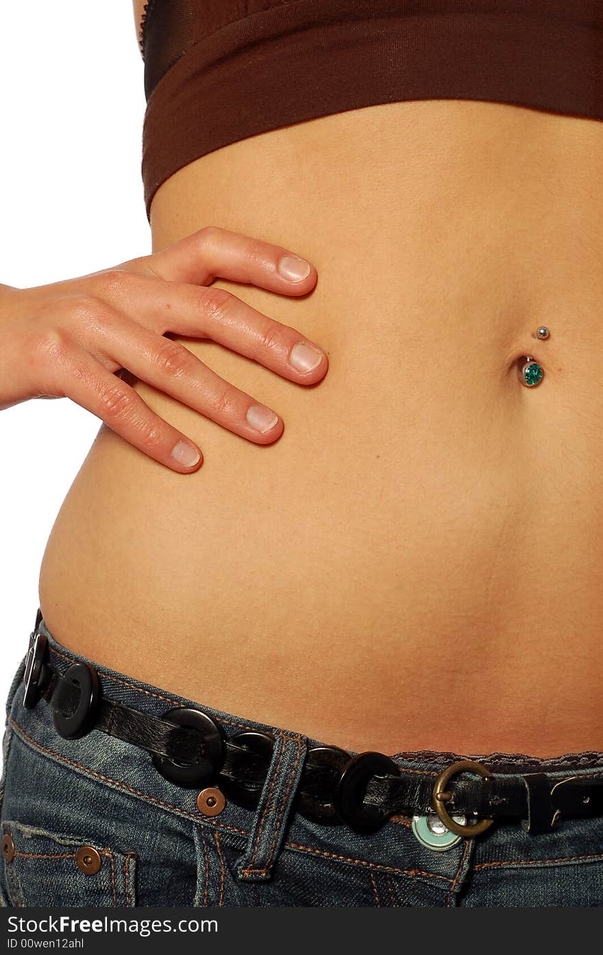 Close-up of female belly on white background. Close-up of female belly on white background