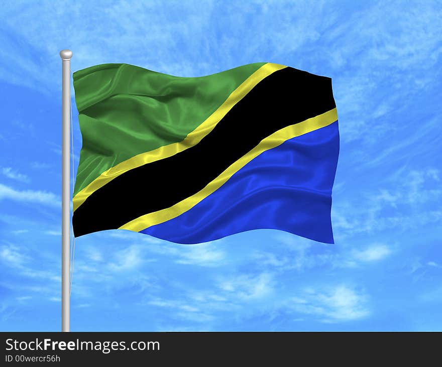 Illustration of waving Tanzanian Flag on blue sky. Illustration of waving Tanzanian Flag on blue sky