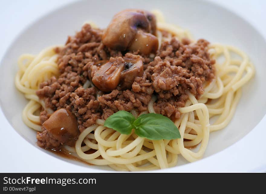 Pasta with a meatsauce and some mushrooms. Pasta with a meatsauce and some mushrooms