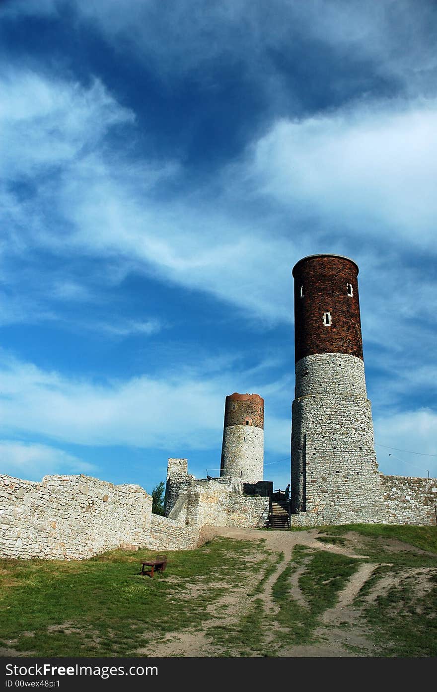 Historical castle in mountains with blue sky