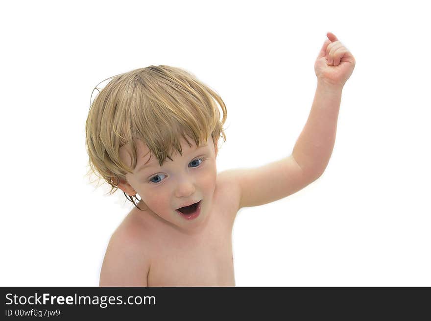 Pointing out boy in on white background