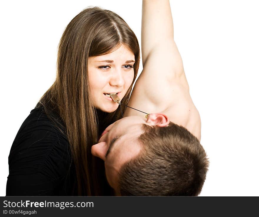 Crying woman holding falling man. Isolated.