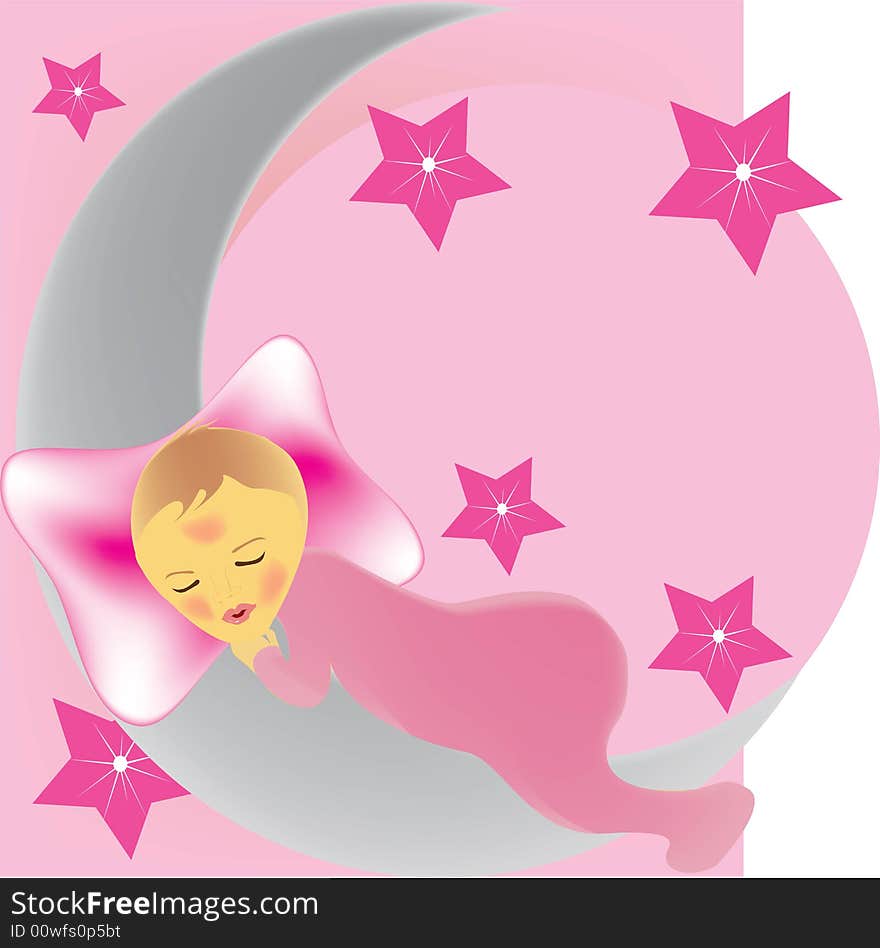 Baby girl sleeping on crescent moon. Baby girl sleeping on crescent moon