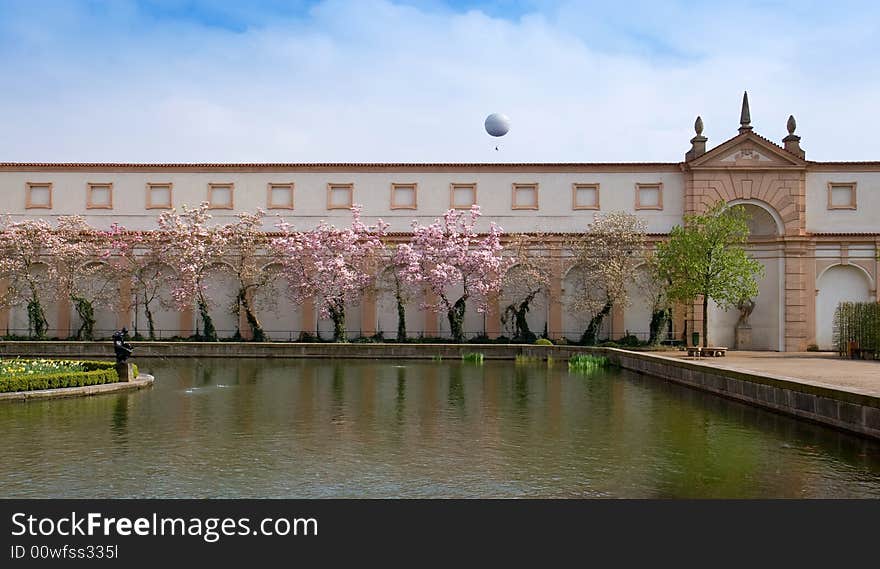 Spring beautifull garden with trees, sky and fontain. Spring beautifull garden with trees, sky and fontain