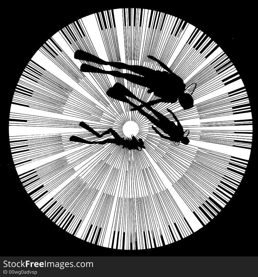 Three scuba divers are silhouetted against a pinwheel of light. Looking up towards surface. Three scuba divers are silhouetted against a pinwheel of light. Looking up towards surface.