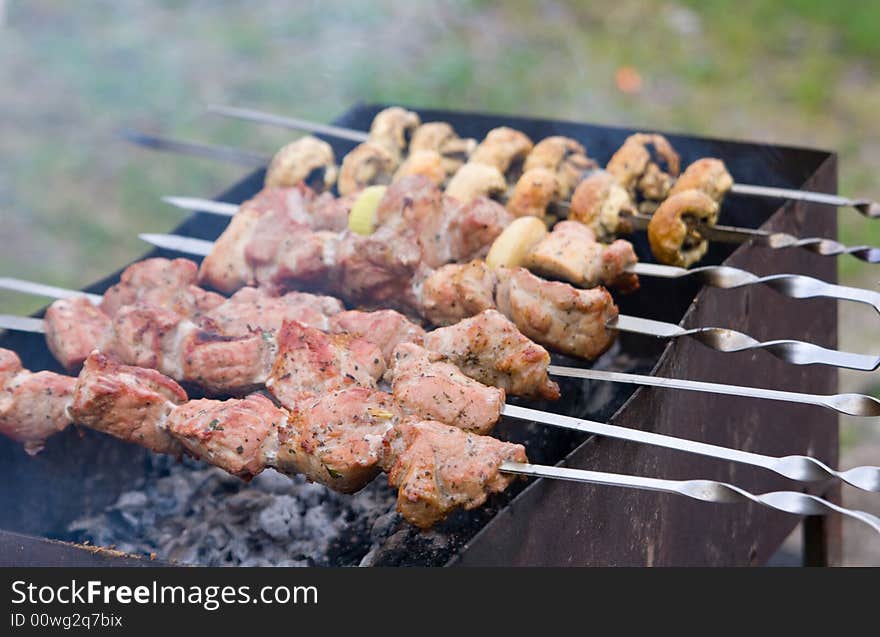 Shish kebab and Mushroom, smoke