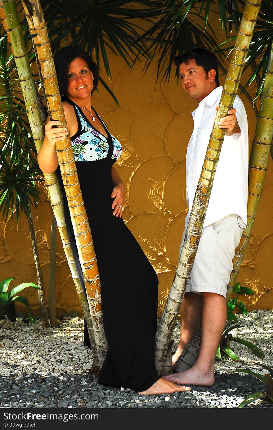 Couple posing behind bamboo shoots in a tropical location. Couple posing behind bamboo shoots in a tropical location