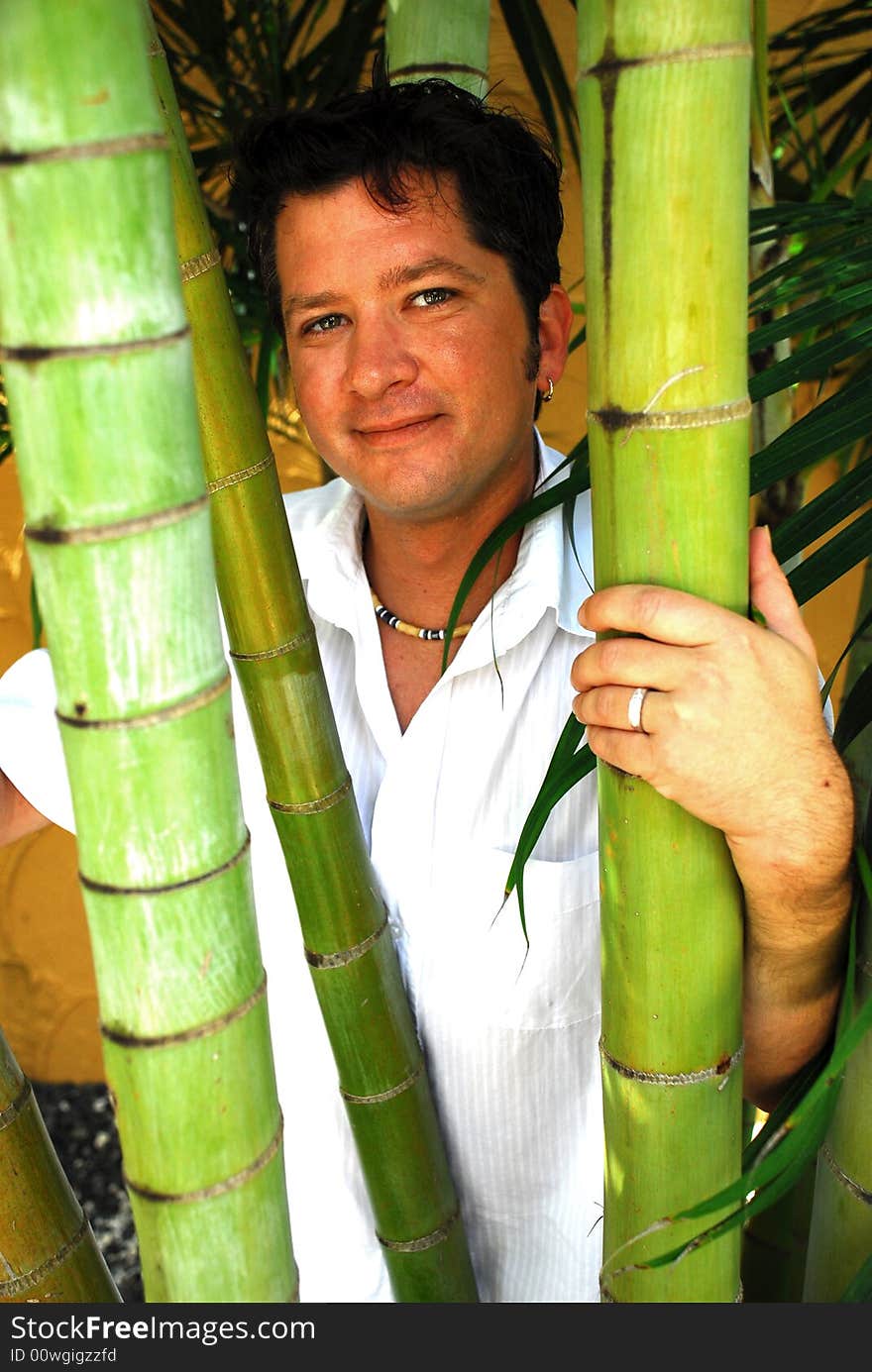 Male model posing behind bamboo shoots in a tropical location. Male model posing behind bamboo shoots in a tropical location