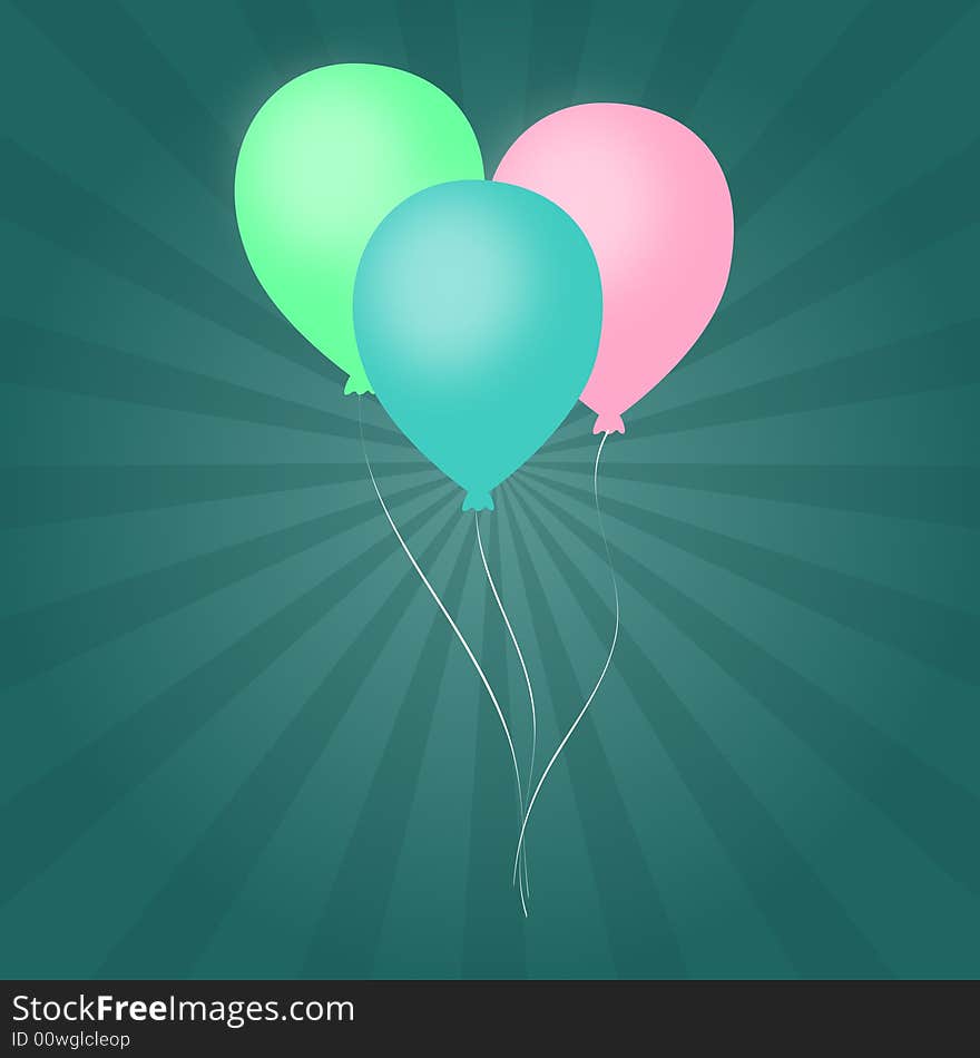 Graphic illustration of pastel colored balloons against an aqua colored vortex background. Graphic illustration of pastel colored balloons against an aqua colored vortex background.