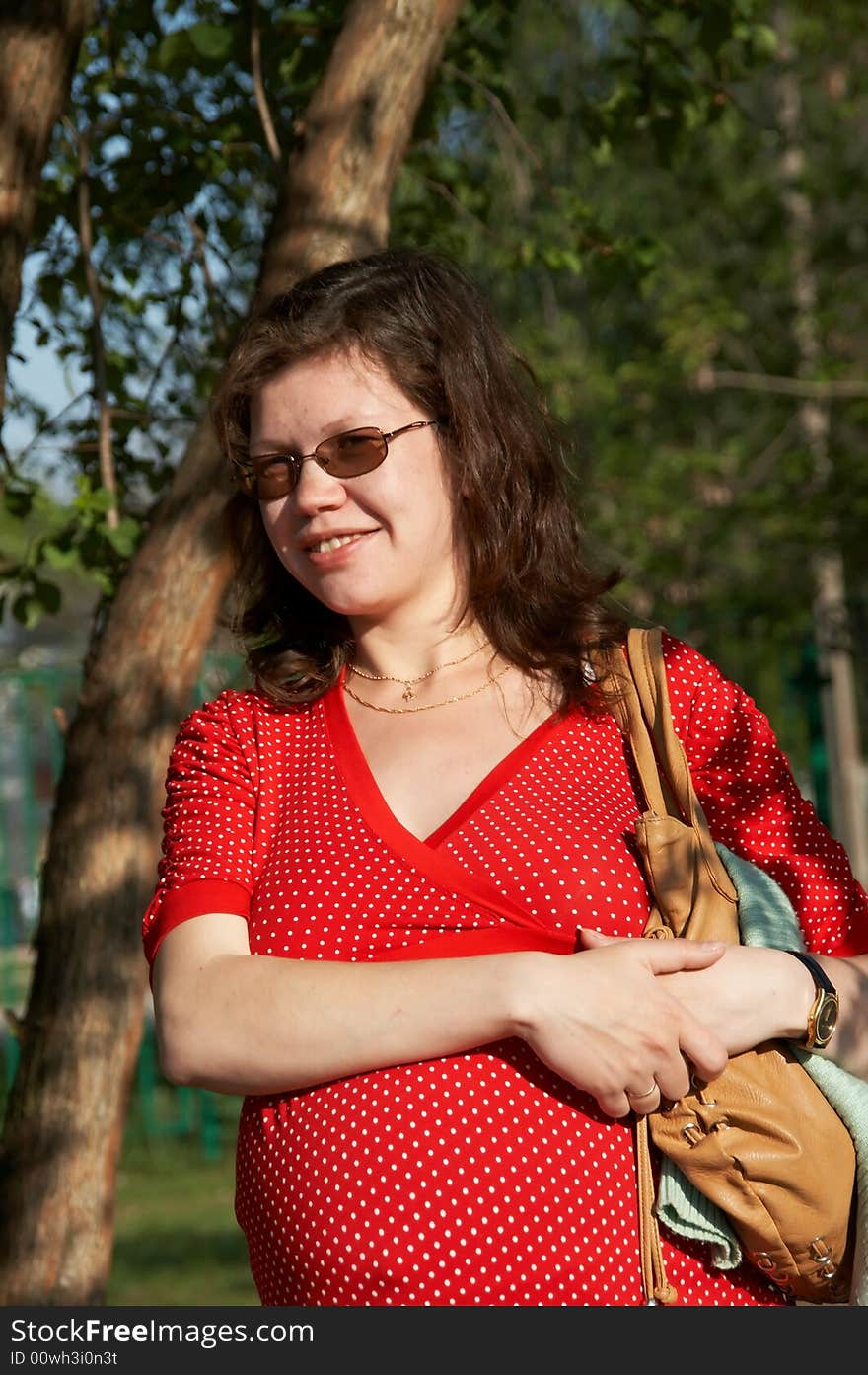 Portrait of the pregnant woman in a red dress. Portrait of the pregnant woman in a red dress